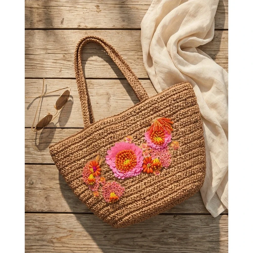 New Anthropologie Handcrafted Woven Straw Floral Beaded Sequin Tote Bag Tan Pink